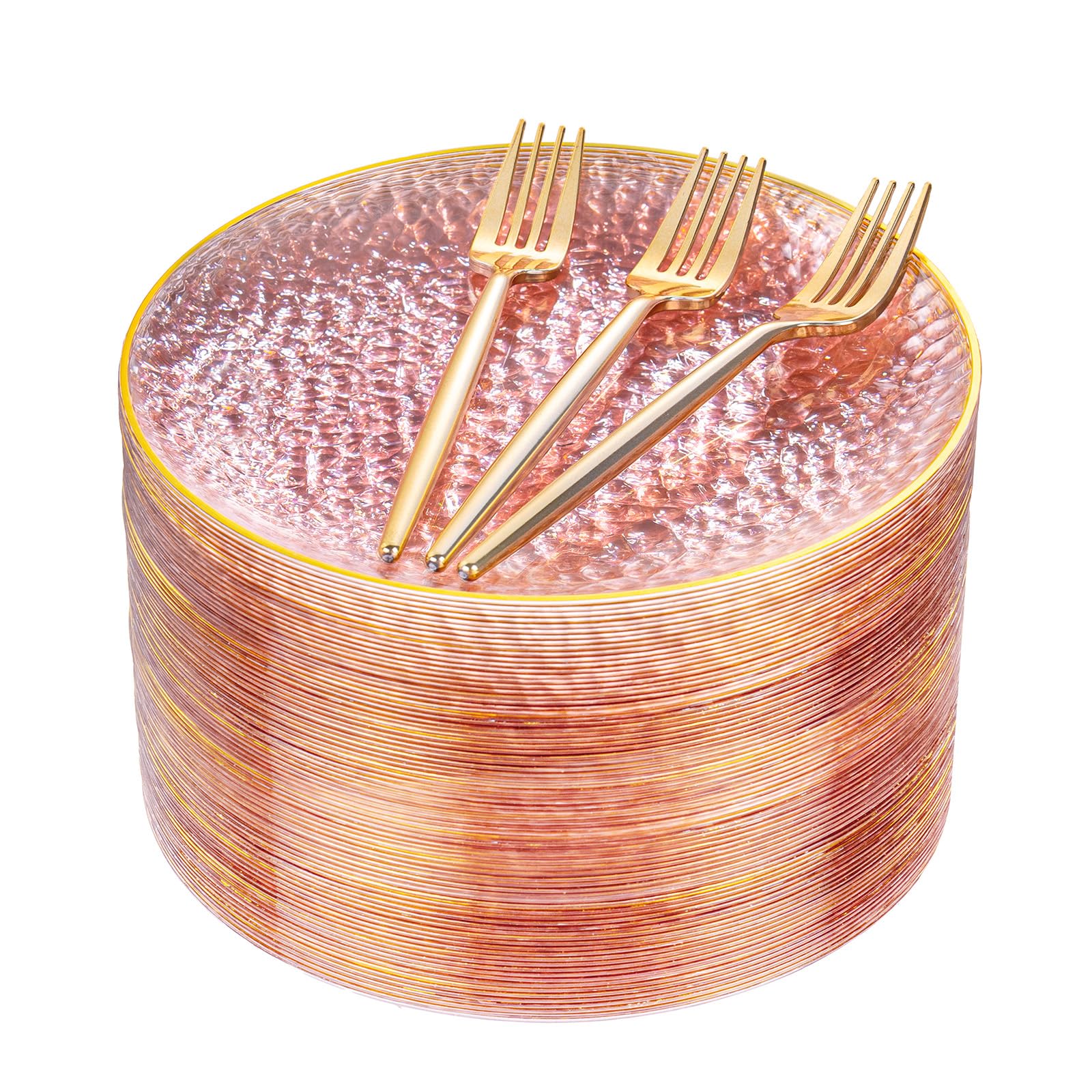 Photo 1 of DaYammi 240Pcs Pink Plastic Plates Including 120Pcs Pink Dessert Plates and 120Pcs Gold Plastic Forks,Hammered Party Plate,pink and Gold Appetizer plates Heavy duty Disposable Plate for All Occasions