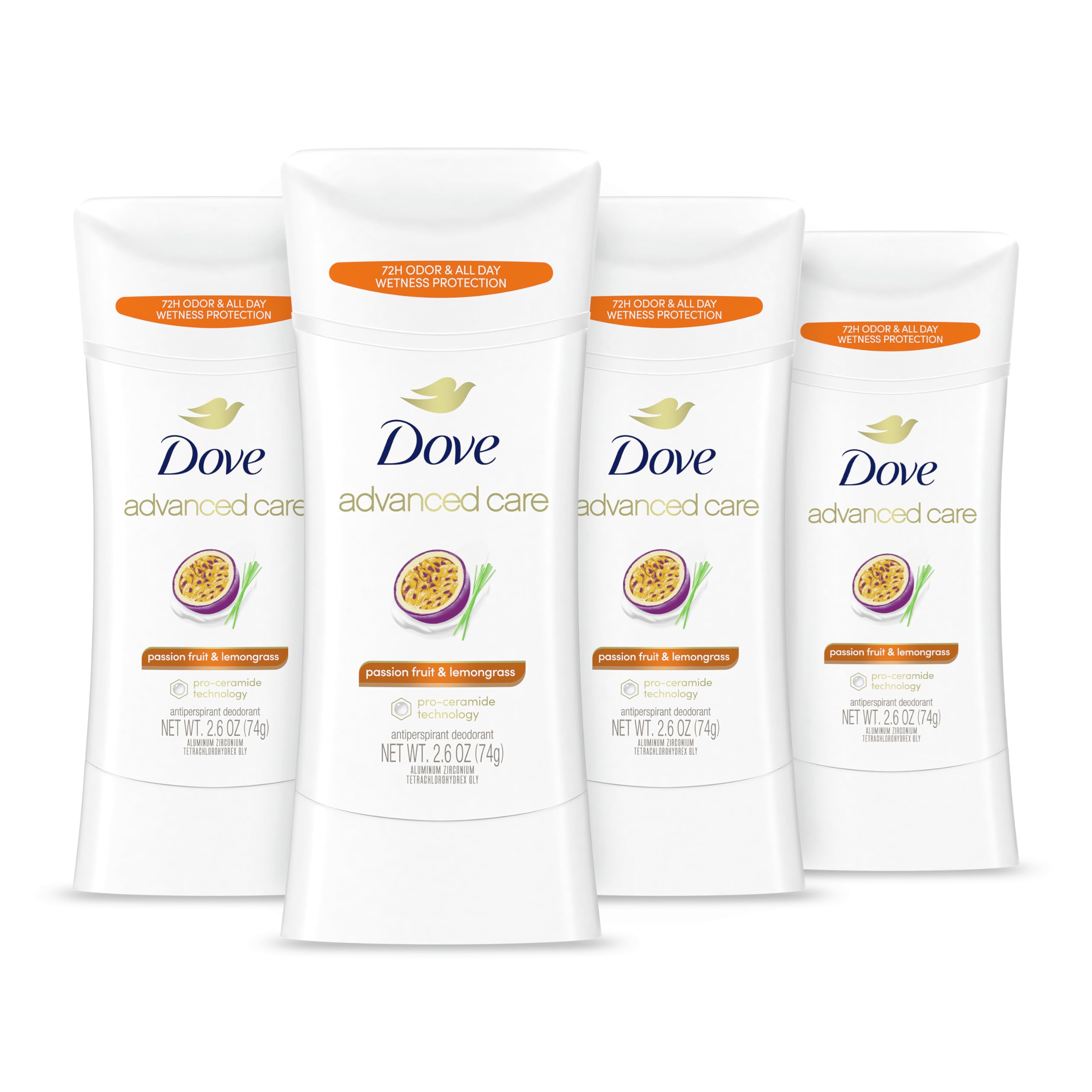 Photo 1 of Dove Advanced Care Antiperspirant Deodorant Stick Passion Fruit & Lemongrass scent 4 Count Antiperspirant deodorant with Pro Ceramide Technology 72-hour odor control and all-day sweat protection 2.6oz