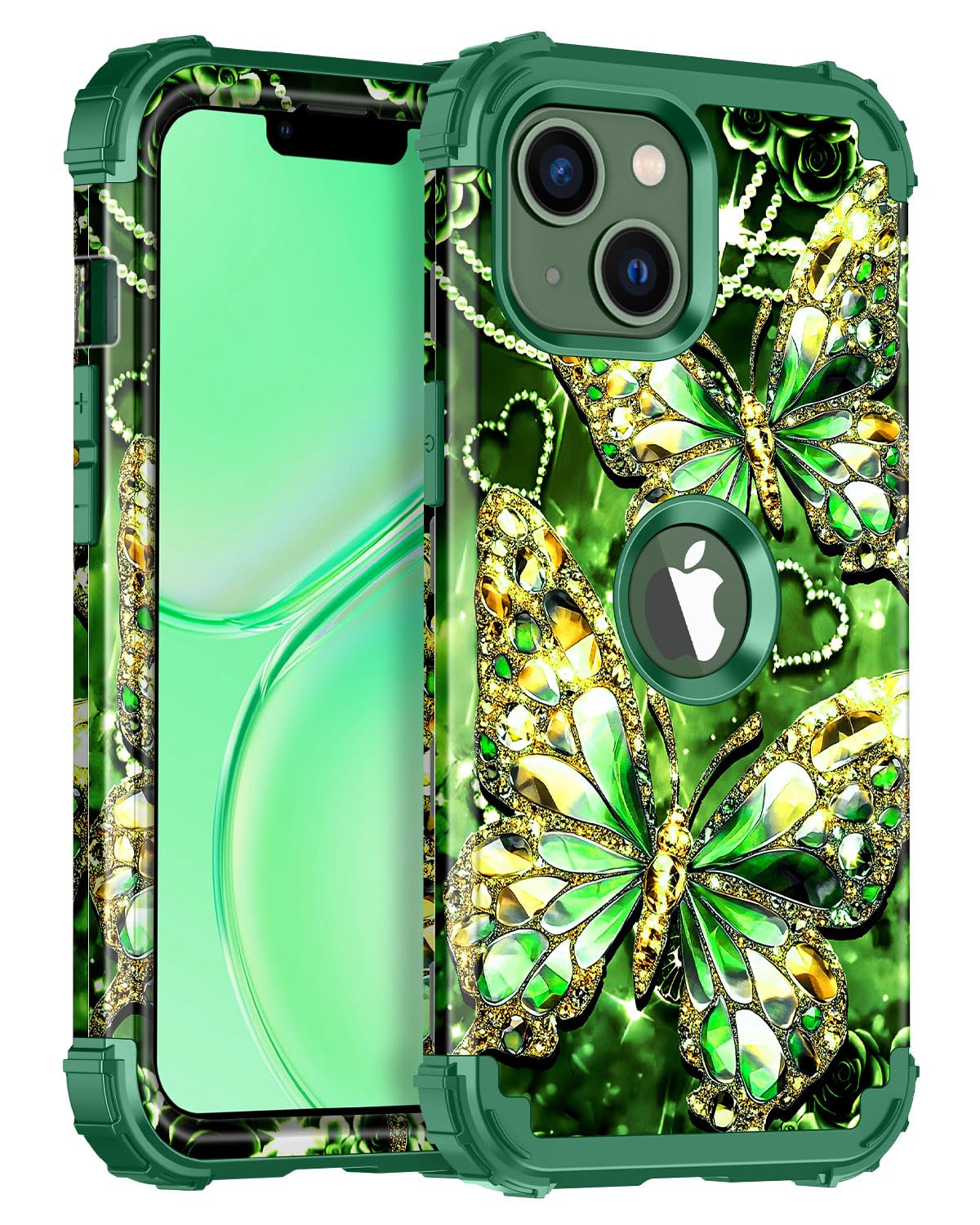 Casetego for iPhone 13 Case,iPhone 14 Case,Glow in The Dark Three Layer Heavy Duty Sturdy Shockproof Full Protection Rugged Hard PC+Soft TPU Bumper Case for Apple iPhone 13/14 6.1 inch,Green