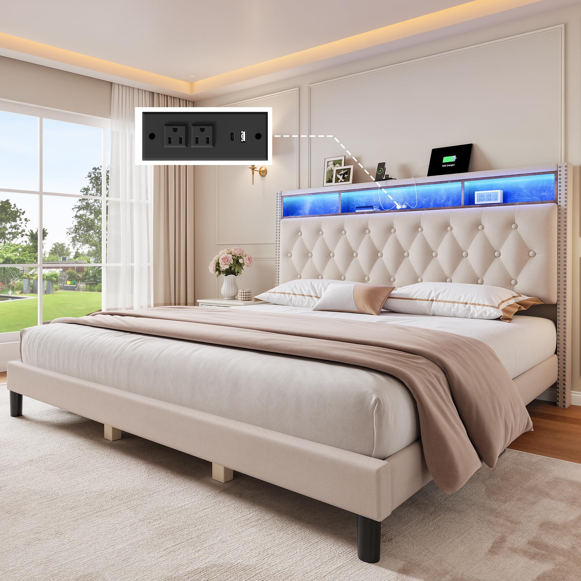 Photo 1 of ** PARTIAL SET ONLY BOX 2 OF 2 ***
YITAHOME King Bed Frame with Headboard, Platform Upholstered Bed Frame with LED Lights & Charging Station, No Box Spring Needed, Beige