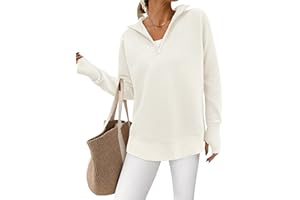 PRETTYGARDEN Womens Long Sleeve Quarter Zip Pullover Sweater Casual Loose V Neck Collared Ribbed Knit Jumper Tops Thumb Hole