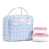 Fit & Fresh Bloomington Lunch Bag for Women - Insulated Large Lunch Box for Work with Containers, Leak-Resistant, Stain-Resistant, Zipper Closure, All Smiles Bubble Gum