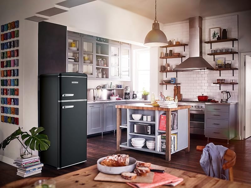 - Frigorífico combi retro de 206 L, frigorífico y congelador combinado de 2 puertas, altura 146 cm, bajo consumo y silencioso, negro, RKG 8932