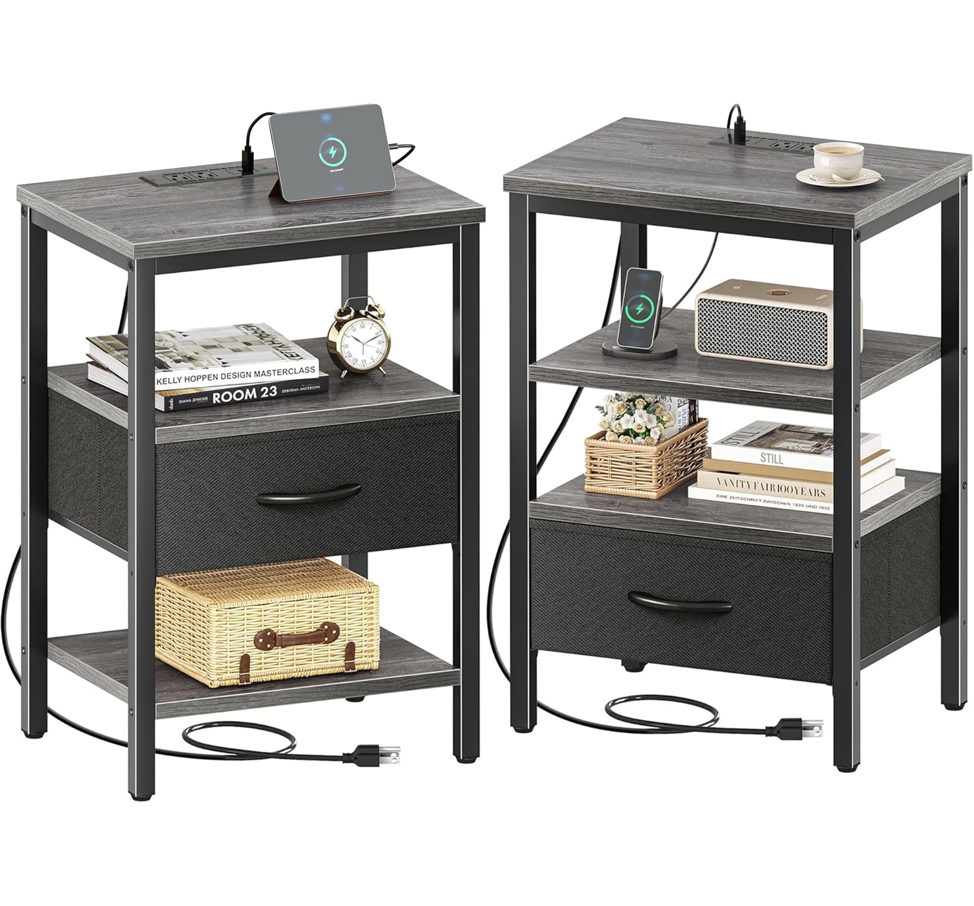 SUPERJARE Nightstand Set of 2, Bed Side Tables with Charging Station, Adjustable Fabric Drawer, Night Stand for Bedroom, 3-Tier Storage End Tables, for Living Room - Charcoal Gray Image