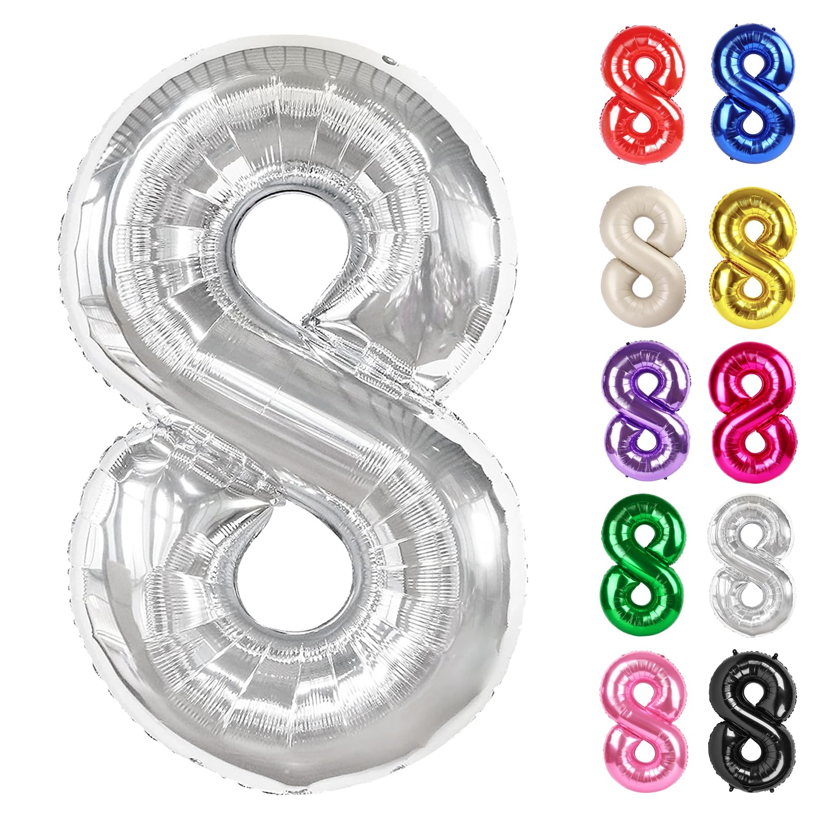 Silver Number 8 Balloon 40 Inch, 8 Balloon Number, 8th Birthday Decorations, Silver Party Supplies for Boys Girls