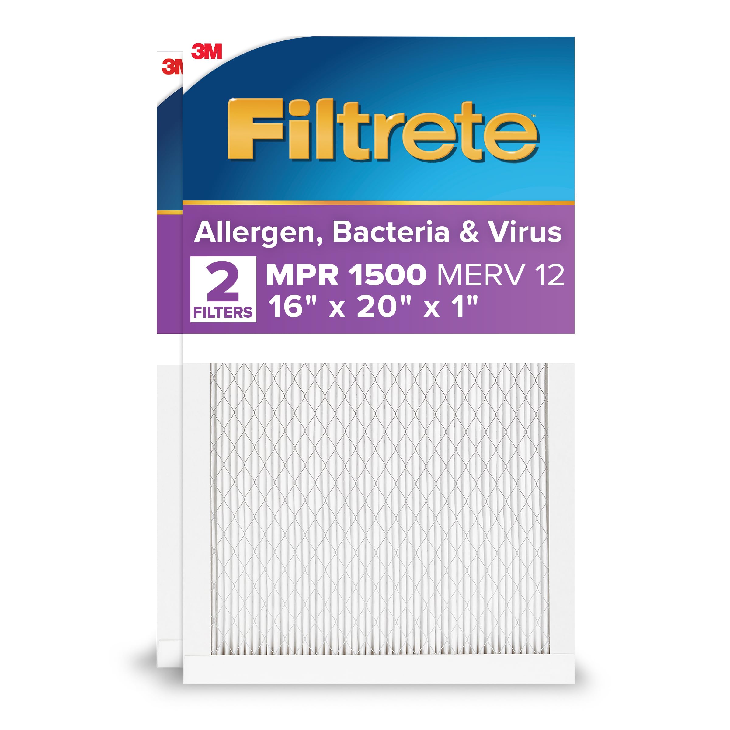 Filtrete 16x20x1 AC Furnace Air Filter, MERV 12, MPR 1500, CERTIFIED asthma & allergy friendly, 3 Month Pleated 1-Inch Electrostatic Air Cleaning Filter, 2-Pack (Actual Size 15.69x19.81x0.78 in) Image
