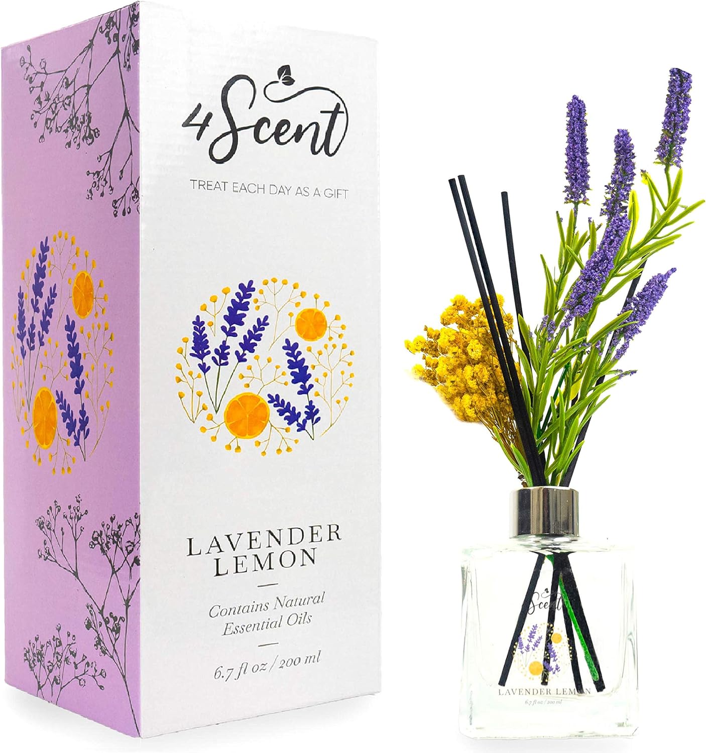 4SCENT Reed Diffuser Set 6.7 fl oz with Preserved Gypsophila (Baby's Breath) and Artificial Lavender for Home Fragrance and Decor | Aromatherapy with Essential Oil and Rattan Sticks | Lavender Lemon