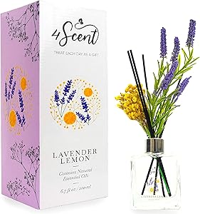 4SCENT Reed Diffuser Set 6.7 fl oz with Preserved Gypsophila (Baby's Breath) and Artificial Lavender for Home Fragrance and Decor | Aromatherapy with Essential Oil and Rattan Sticks | Lavender Lemon