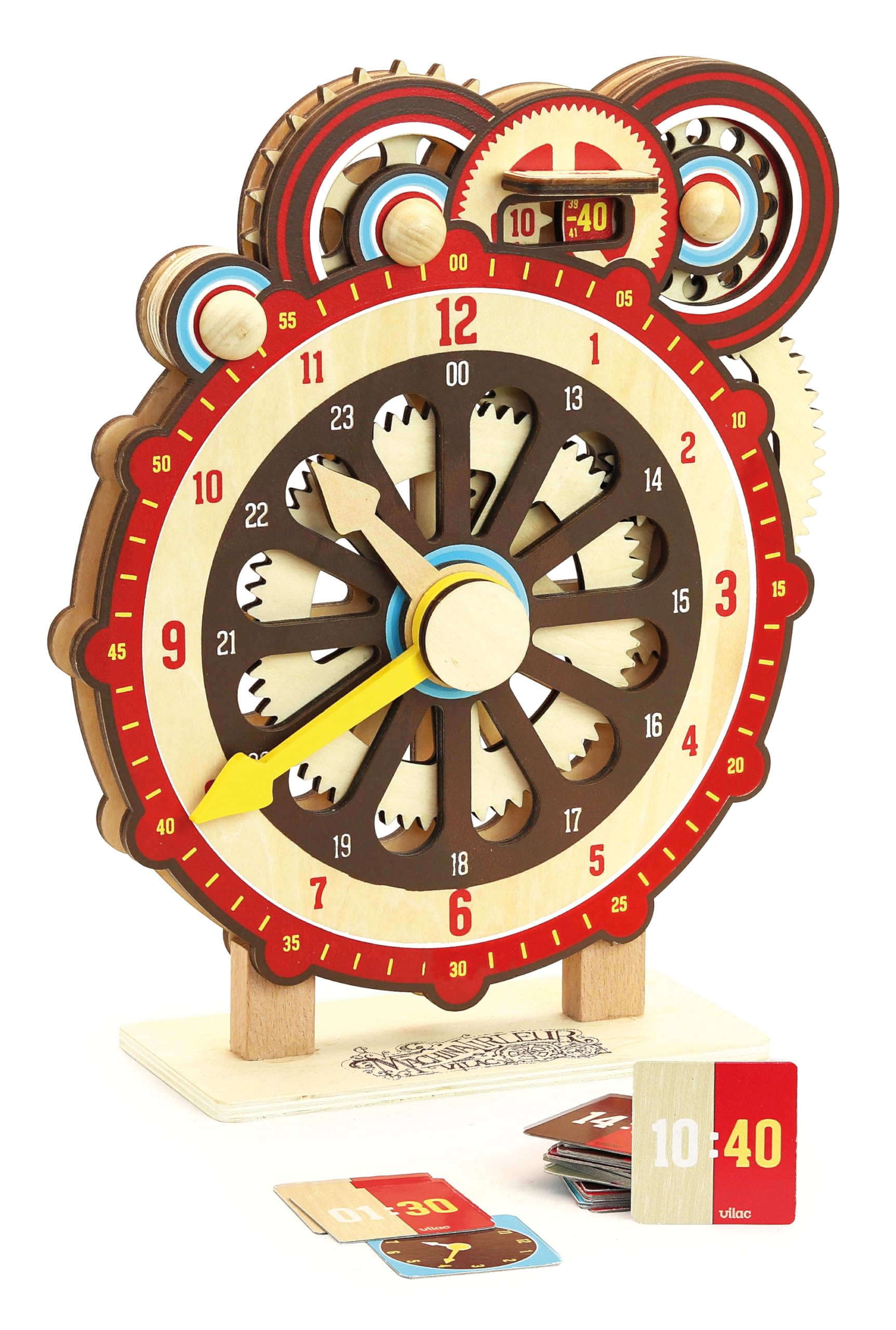 Vilac Wooden Learning Clock, Montessori Educational Time Teaching Toy, Free Standing or Wall Hanging, Includes Cards for Hours Setting, 6 Years+