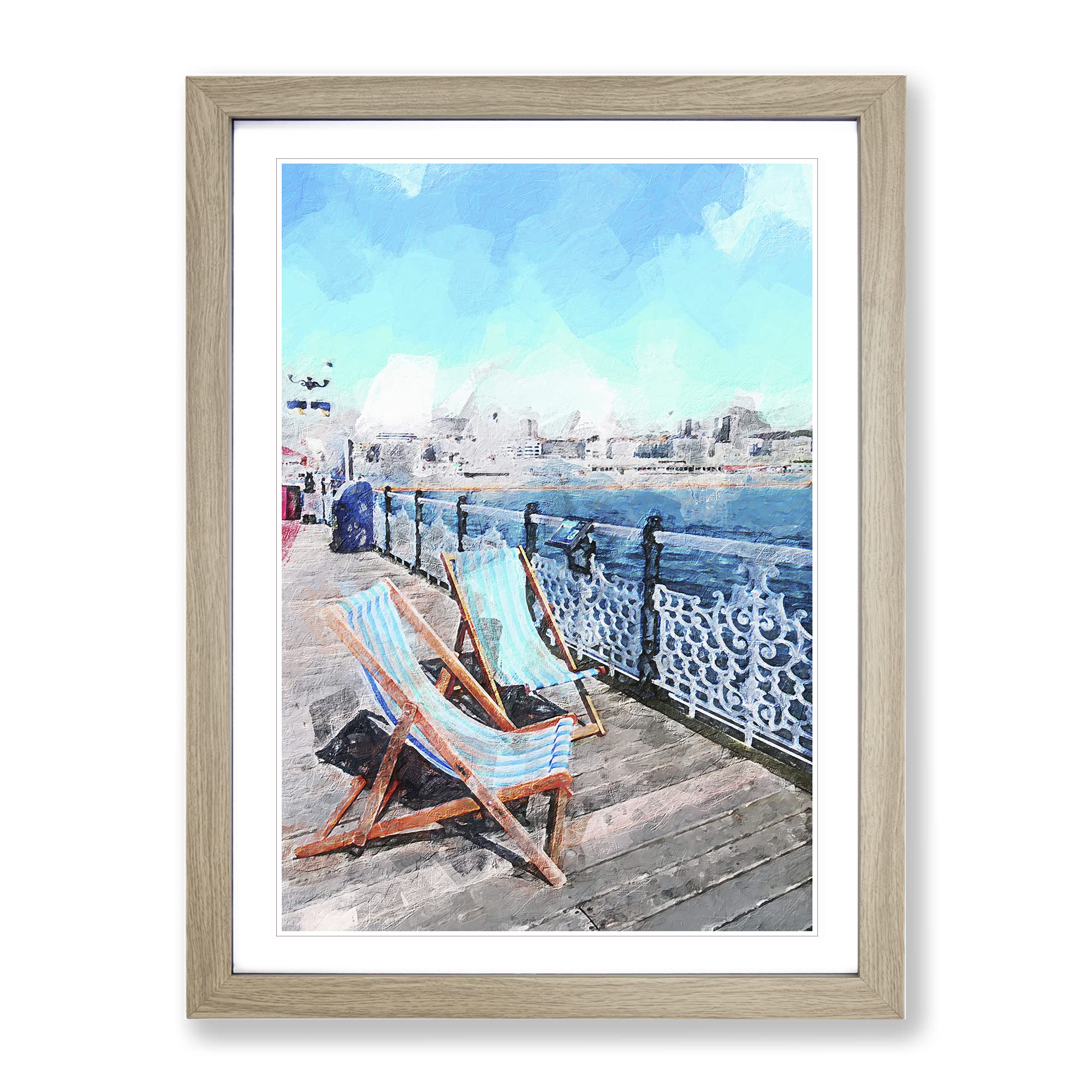 Upon Brighton Beach Pier In Abstract Modern Framed Wall Art Print, Ready to Hang Picture for Living Room Bedroom Home Office Décor, Oak A4 (34 x 25 cm)
