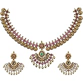 TARINIKA Antique Coin Temple Necklace Set - Gold Plated Brass, Goddess Lakshmi, Kempu & Pearl Stones with Earrings for Women Indian Jewelry Set Desi Necklace Traditional Jewellery