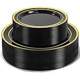 ROCOHANTI 100 PCS Black and Gold Plastic Plates,Disposable Party Black Plates Include 50 10 inch Dinner Plate and 50 7 inch Dessert Plate,Gold Rimmed plates Perfect for Party Holiday,Birthday