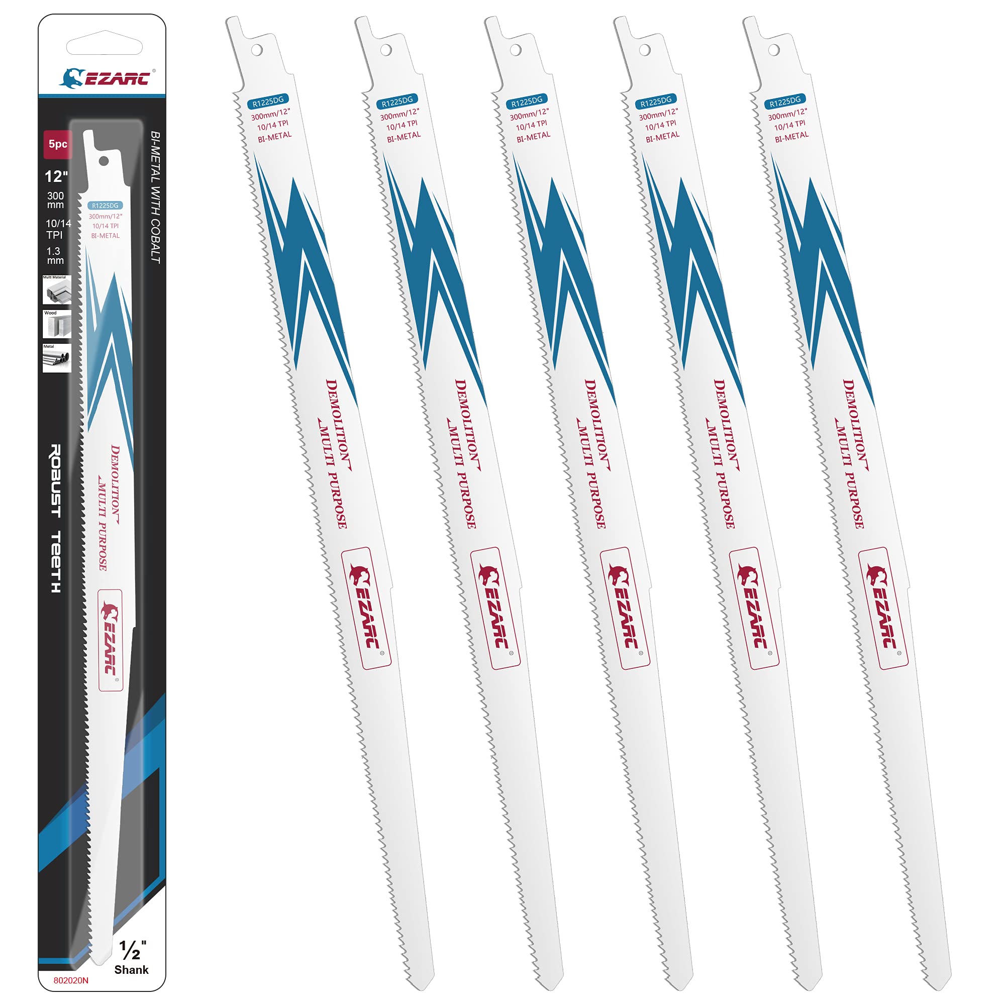 EZARC Reciprocating Saw Accessary Bi-Metal Cobalt Sabre Saw Accessary for Multi-Purpose 300mm 10/14TPI R1225DG (5-Pack)