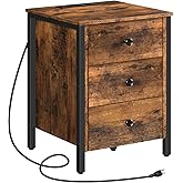 HOOBRO Nightstand with Charging Station, Side Table with 3 Drawers and Storage Shelf, End Table with USB Port, Retro Industrial Style Bedside Table, for Living Room, Bedroom, Rustic Brown BF461BZ01G2