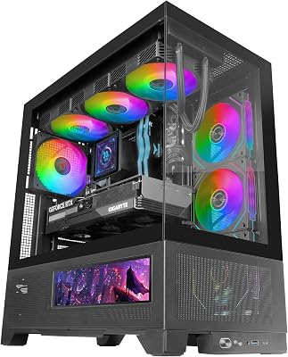 MC-LCDX, Caixa ATX para jogos, ecrã IPS integrado de 9,16" e ligação HDMI, vidro temperado contínuo, painel inferior em malha completa, câmara dupla, suporte para arrefecimento líquido até 360mm, preto