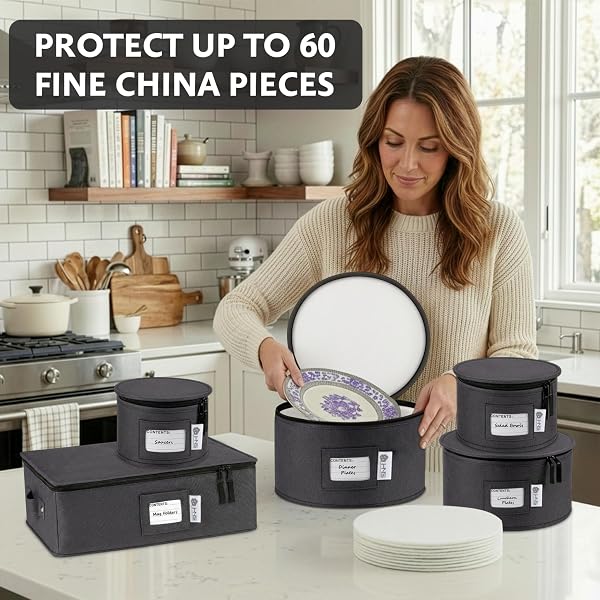 CHINA STORAGE HARD SHELL CONTAINERS 5-PIECE SET MOVING BOXES FOR DINNERWARE, GLASSES, PLATES, MUGS AND SAUCERS STURDY DISH ORGANIZER WITH DIVIDERS FOR SEASONAL STORAGE – SERVICE FOR 12 – BLACK QUILTED