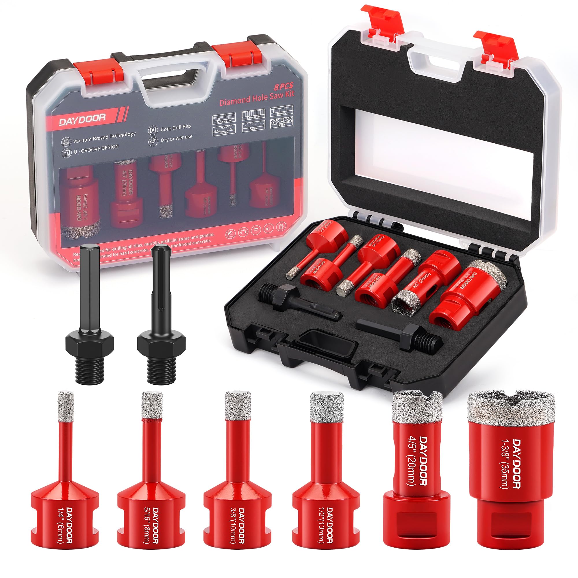 Photo 1 of DAYDOOR Diamond Hole Saw Kit, 8-Piece Tile Hole Saw Kit 6/8/10/13/20/35mm, Vacuum Brazed Core Drill Bits for Porcelain Tile, Granite, Marble, Stone