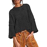 Zontroldy Women's Crewneck Lantern Sleeve Boxy Cable Knit Sweater Cropped Pullover Sweaters Jumper