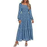 PRETTYGARDEN Wedding Guest Dresses for Women Floral Long Sleeve Smocked Tiered Elegant Long Flowy Boho Dress