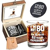 Harmora Funny 80th Birthday Gifts for Men – “I’m Not 80, I’m 18 with 62 Years Experience” Whiskey Glass Gift Set with Coasters, Recipe Cards, Greeting Card & Wooden Box