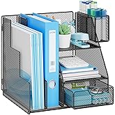 Marbrasse Desk Organizer and Accessories, 3-Tier File Organizer with Drawer and Pen Holder, Small Desktop Organizer and Storage for Workspace Office Supplies Black