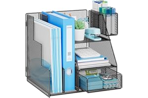 Marbrasse Desk Organizer and Accessories, 3-Tier File Organizer with Drawer and Pen Holder, Small Desktop Organizer and Storage for Workspace Office Supplies Black