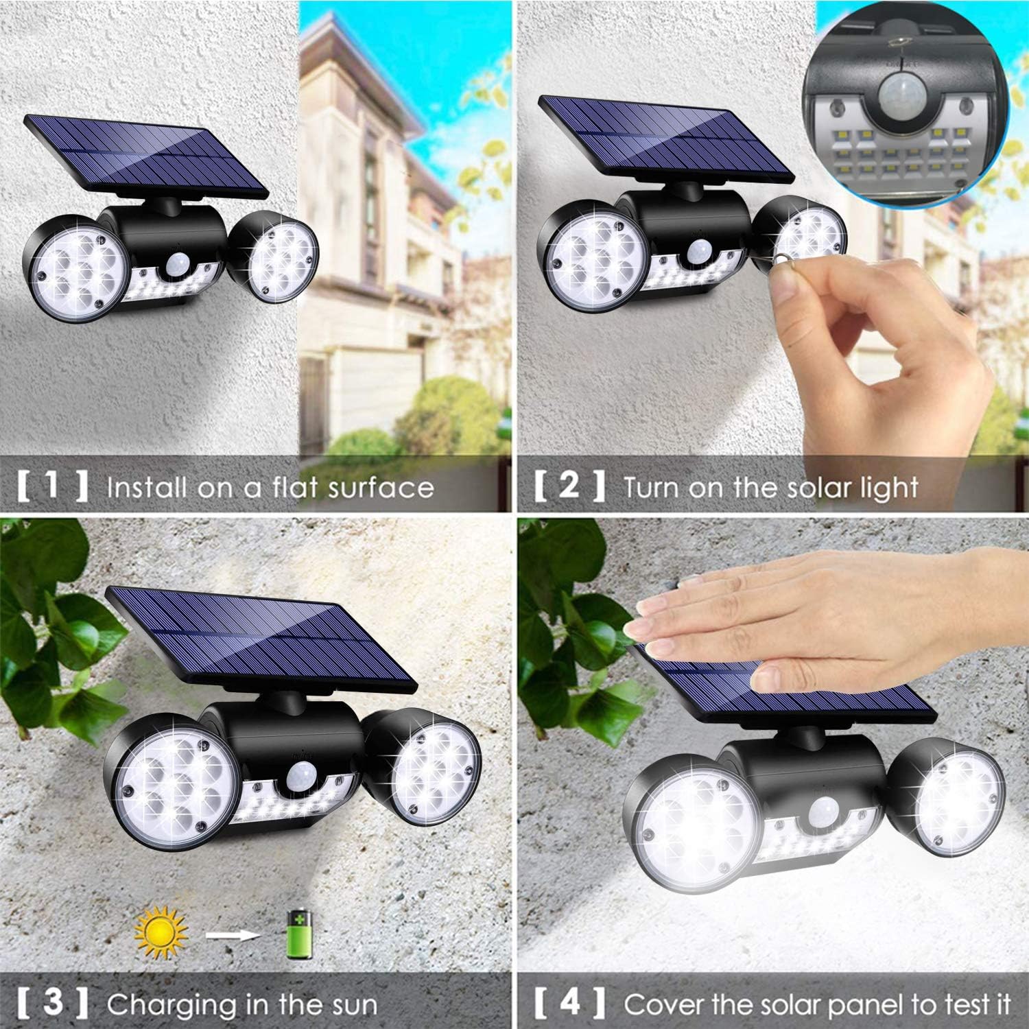 Ambaret Outdoor Solar Lights, 30 LED Solar Security Lights with Motion Sensor Dual Head Spotlights IP65 Waterproof 360° Adjustable Solar Motion Lights Outdoor for Yard Garden Garage Patio 2 Pack - - 