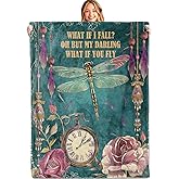 MIEPOS Inspirational Dragonfly Throw Blanket, 50x60in, Soft, Lightweight Flannel, Quote with Pocket Watch, Roses and Jewels Blankets, Gifts for Women, for Boho Home Living Room Decor