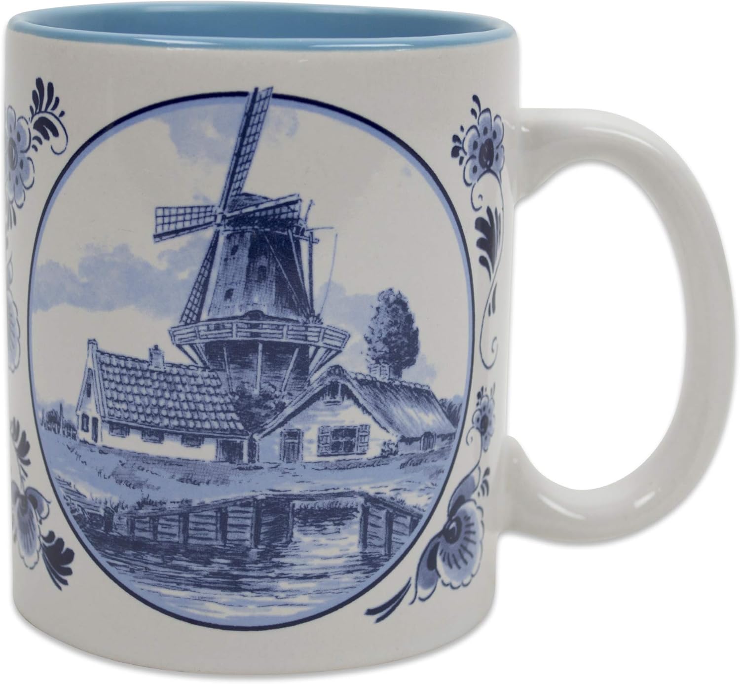 Blue & White Dutch Windmill Delft Motif Dutch Gift Ceramic Coffee Mug by E.H.G | 12 oz