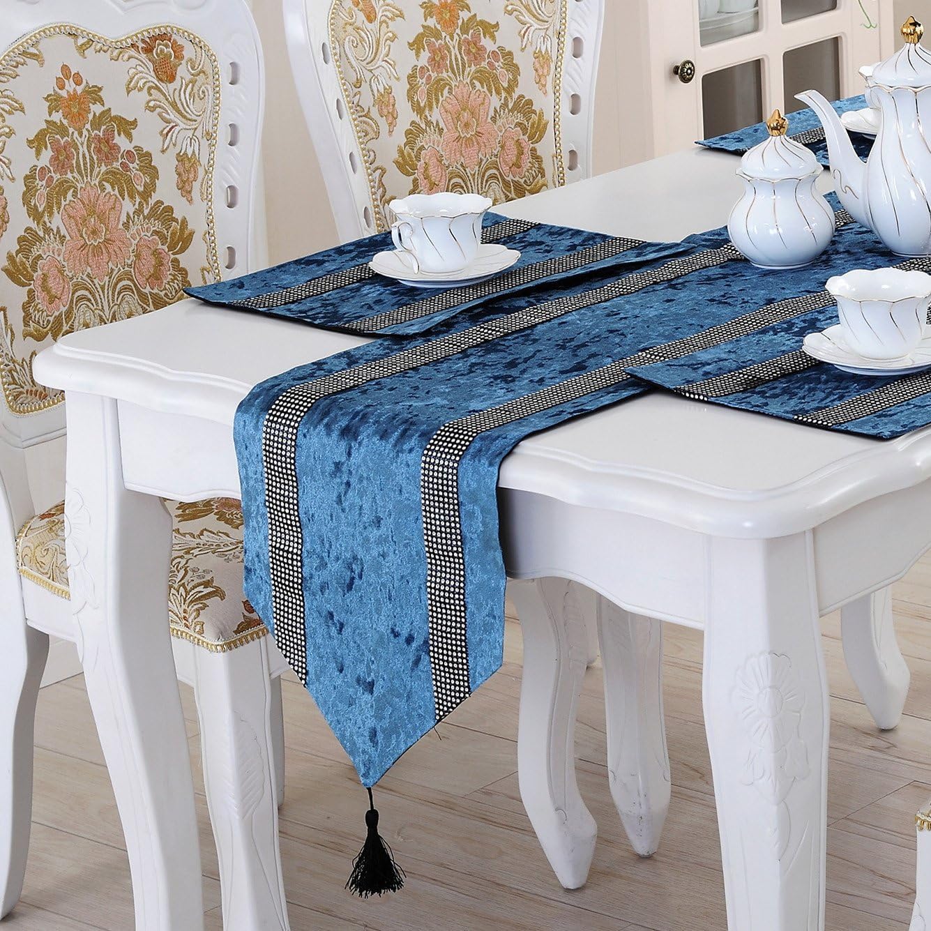 Jasmine European Style Sequined Rhinestone Contracted Tassel Table Runner and Dresser Scarves Doily 13 by 72 Inch Blue