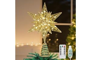 Lewondr Christmas Star Tree Topper, USB Powered Remote Controlled 11 Inch Multilayer Hexagonal Tree Toppers Christmas Decor with 8 Light Modes for Home Holiday Xmas, Timer Function, Champagne Gold