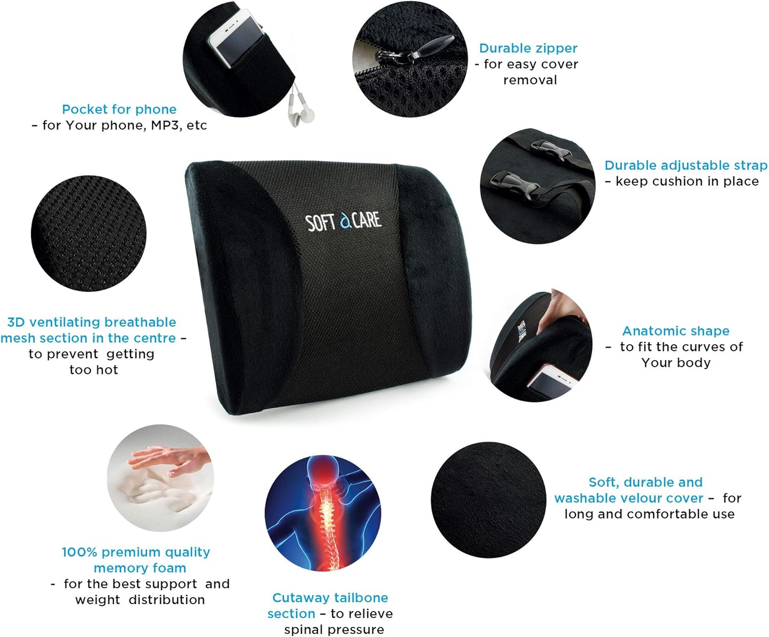 SOFTaCARE Seat Cushion Coccyx Orthopedic Memory Foam and Lumbar Support Pillow, Set of 2 (Black, 2 pcs): Home & Kitchen
