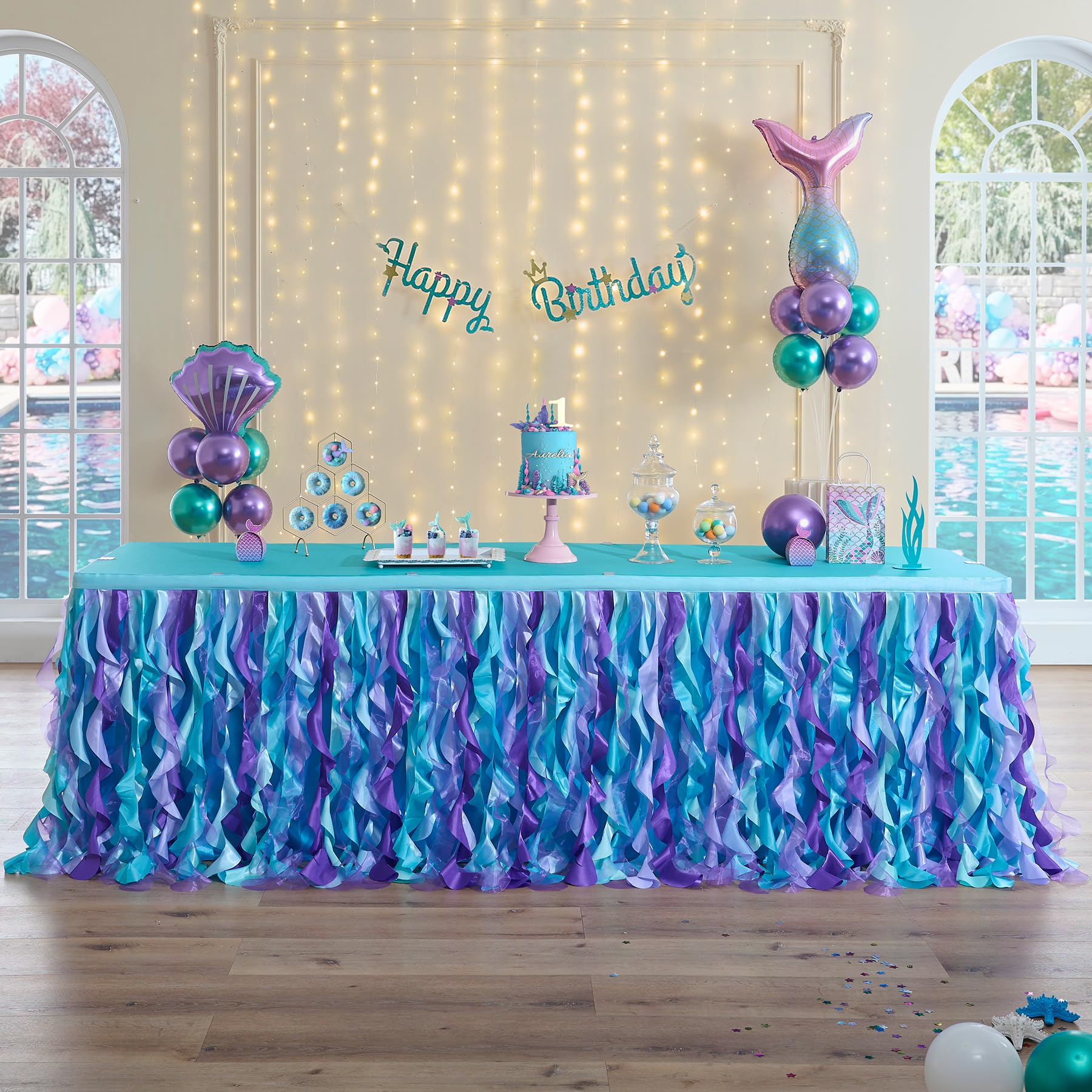 Photo 1 of leegleri 156Inch Long Mermaid Table Skirt, Tutu Table Skirt for Birthday Party, Baby Shower, Gender Reveal, Wedding Shower, Valentine’s Day, Prom