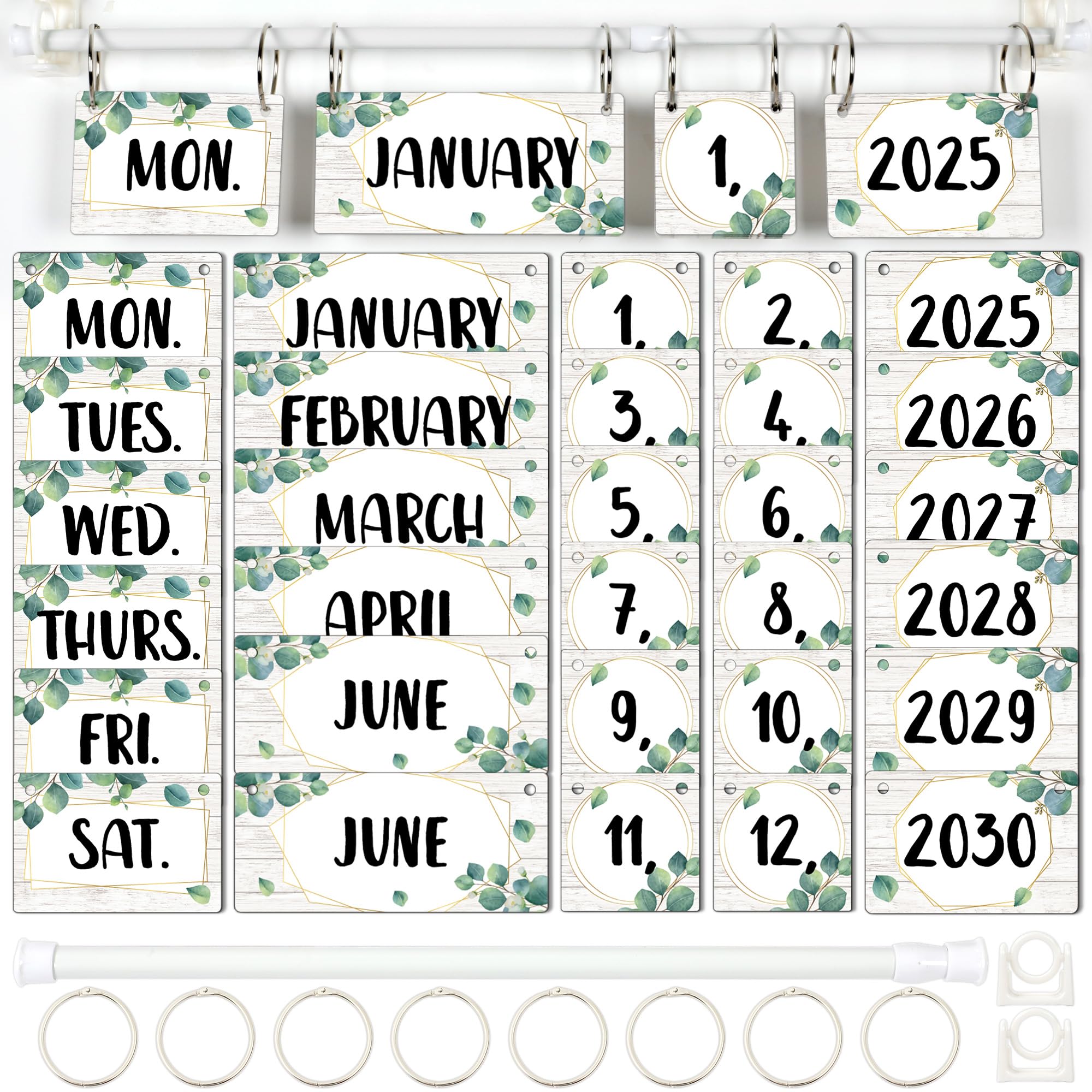 Photo 1 of Naozinebi Eucalyptus Calendar Bulletin Board Set Greenery Flip Calendar with Holder Eucalyptus Classroom Decoration with 54 Date Cards Adjustable Calendar Holder for Classroom Home Decor Supplies