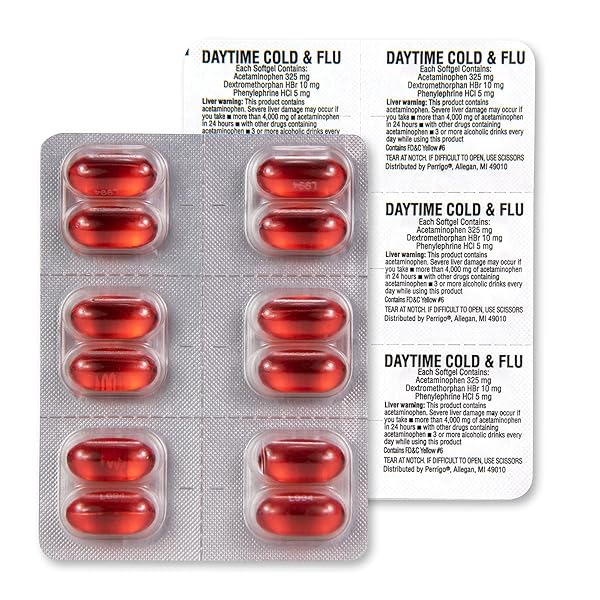 AMAZON BASIC CARE DAYTIME COLD AND FLU RELIEF SOFTGELS, NON-DROWSY MULTI-SYMPTOM RELIEF FOR PAIN, FEVER, HEADACHE, COUGH, SORE THROAT, NASAL CONGESTION, 24 COUNT
