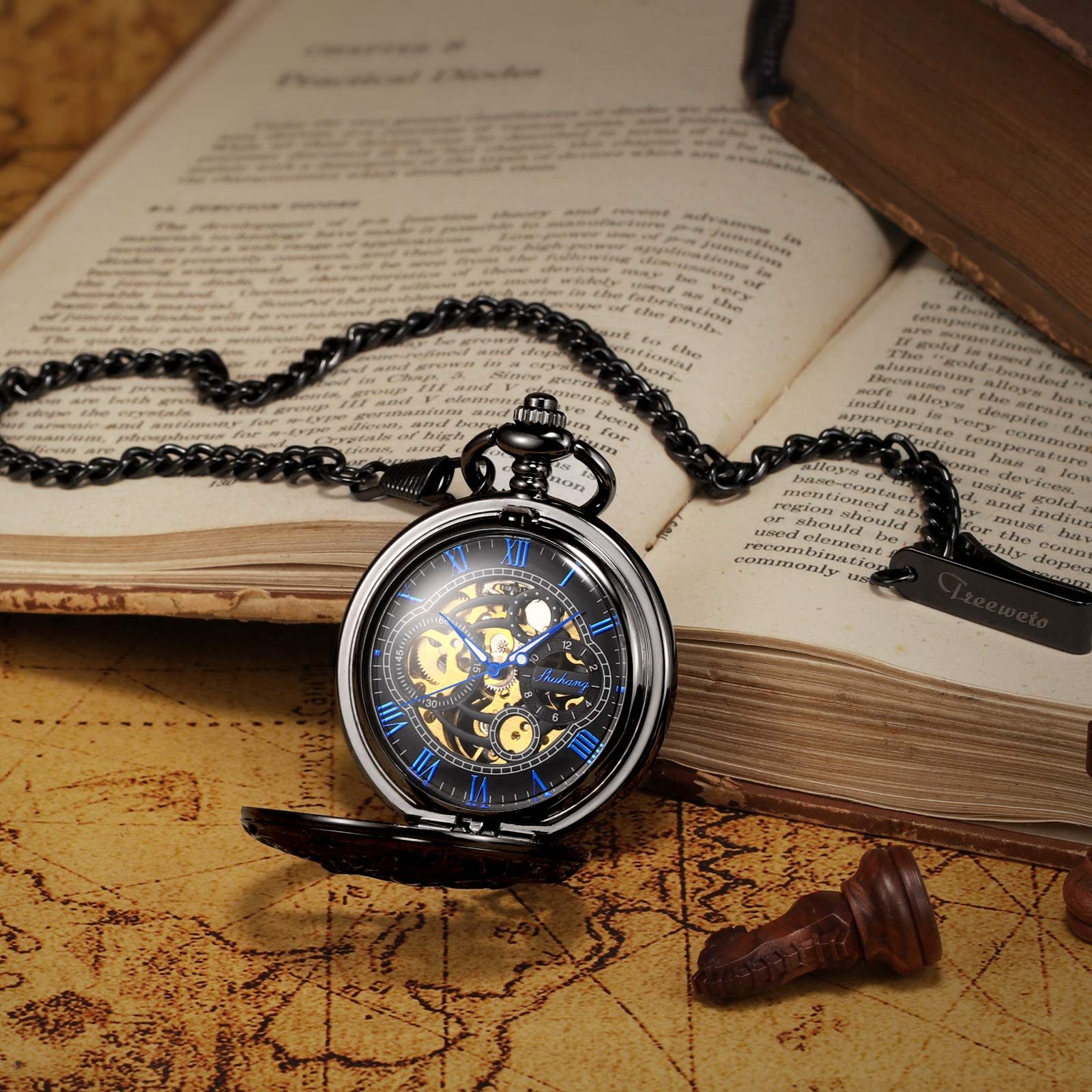 TREEWETO Pocket Watch Skeleton Hand-Wind Mechanical Double Case Roman Numerals Antique with Fob Chain Box