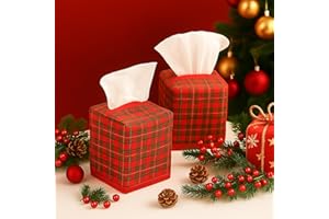 Reallnaive 2 Pcs Christmas Plaid Tissue Box Cover Polyester Cotton Scottish Tartan Decorative Tissue Box Holder Square Funny Cube Case Cover for Holiday Farmhouse Bathroom Bedroom Living Room
