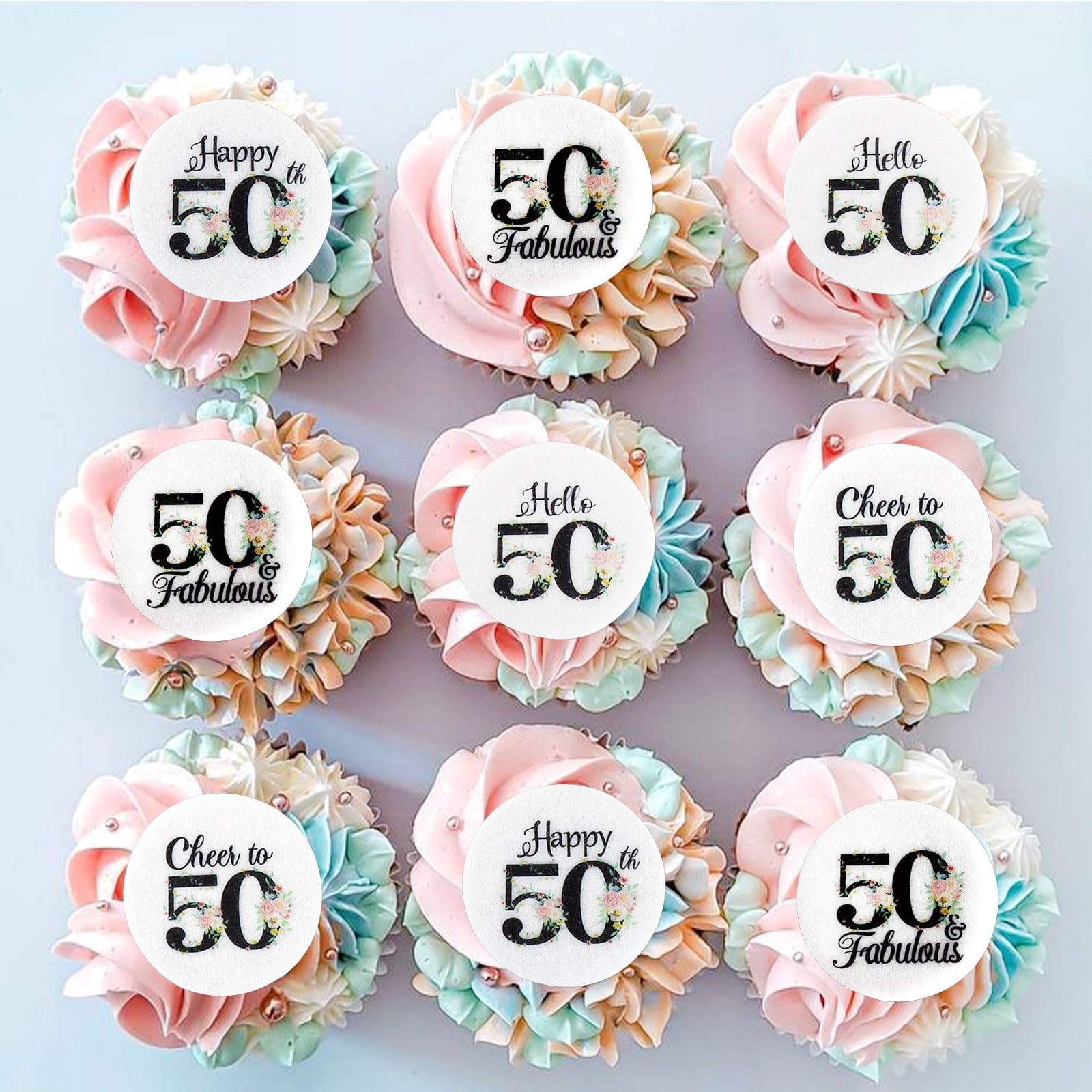 Photo 1 of 40 Pack Edible 50th Birthday Cupcake Toppers Edible Glutinous Rice Paper Hello Fifty Happy 50th Birthday 50 Fabulous Drink Toppers Women Men Party Anniversary Party Decorations Supplies
