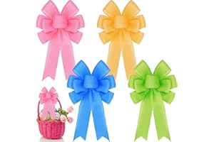 XunYee 4 Pieces Easter Spring Wreath Bow Decoration Large Colorful Burlap Wreath Ribbon Bows Ornaments for Easter Party Tree(Blue, Yellow, Green, Pink)