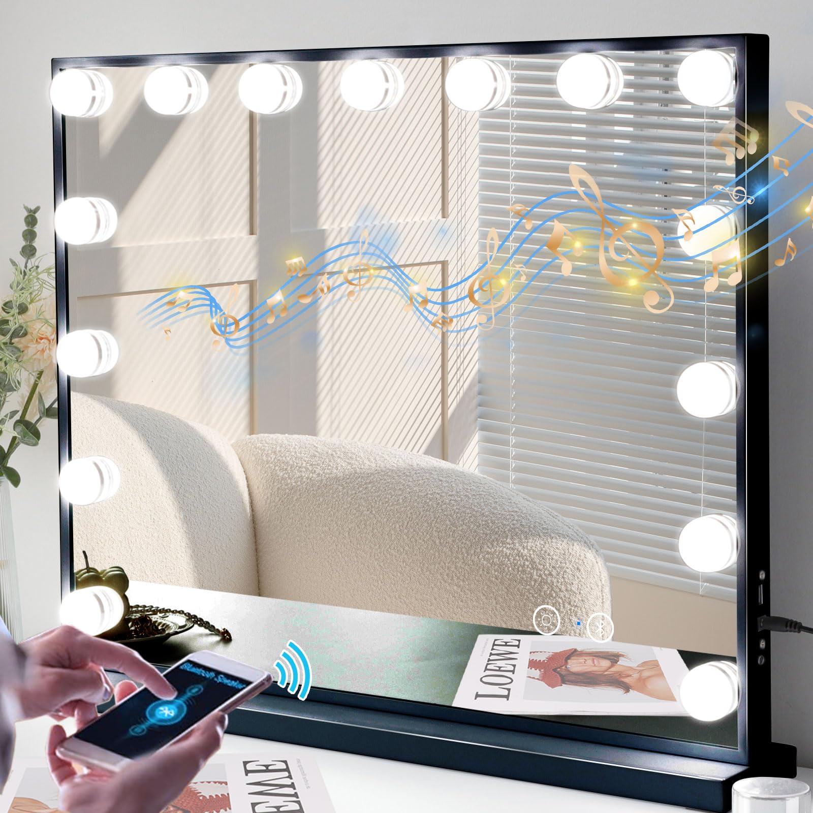 Fenair Vanity Mirror with Lights 22.8"x 18.1" Makeup Mirror with Lights and Speaker 15 Dimmable Bulbs,3 Colors Modes,Hollywood Mirror with USB Charging and 10X Detachable Magnification Mirror（Black） Image