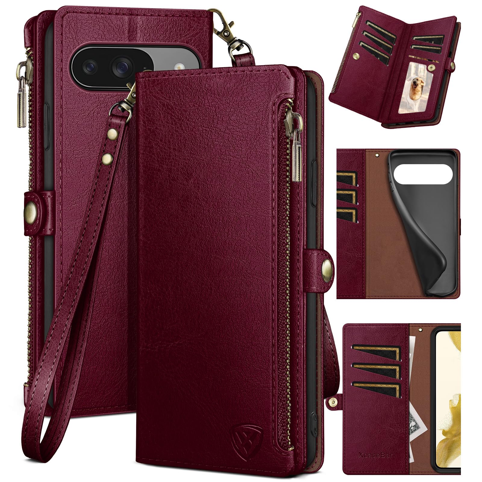 Photo 1 of XcaseBar for Google Pixel 9 5G/Pixel 9 Pro 6.3 Wallet case with Zipper Credit Card Holder?RFID Blocking?,Flip Folio Book PU Leather Phone case Shockproof Cover Women Men for Pixel 9 case Wine Red