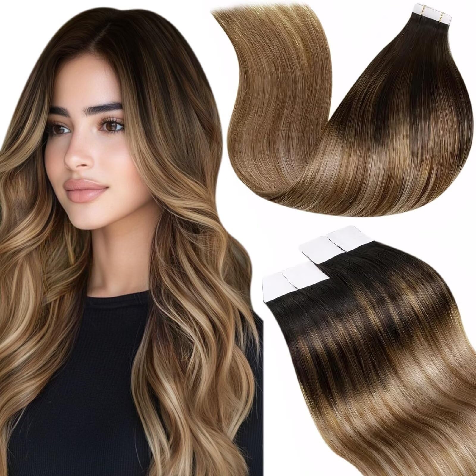 LaaVoo Tape in Hair Extensions Human Hair 20 Inch Tape Hair Extensions Real Human Hair Invisible Tapes Remy Straight Balayage Dark Brown to Blonde Hair Double Sided Tabs 20pcs 50g #2/6/12