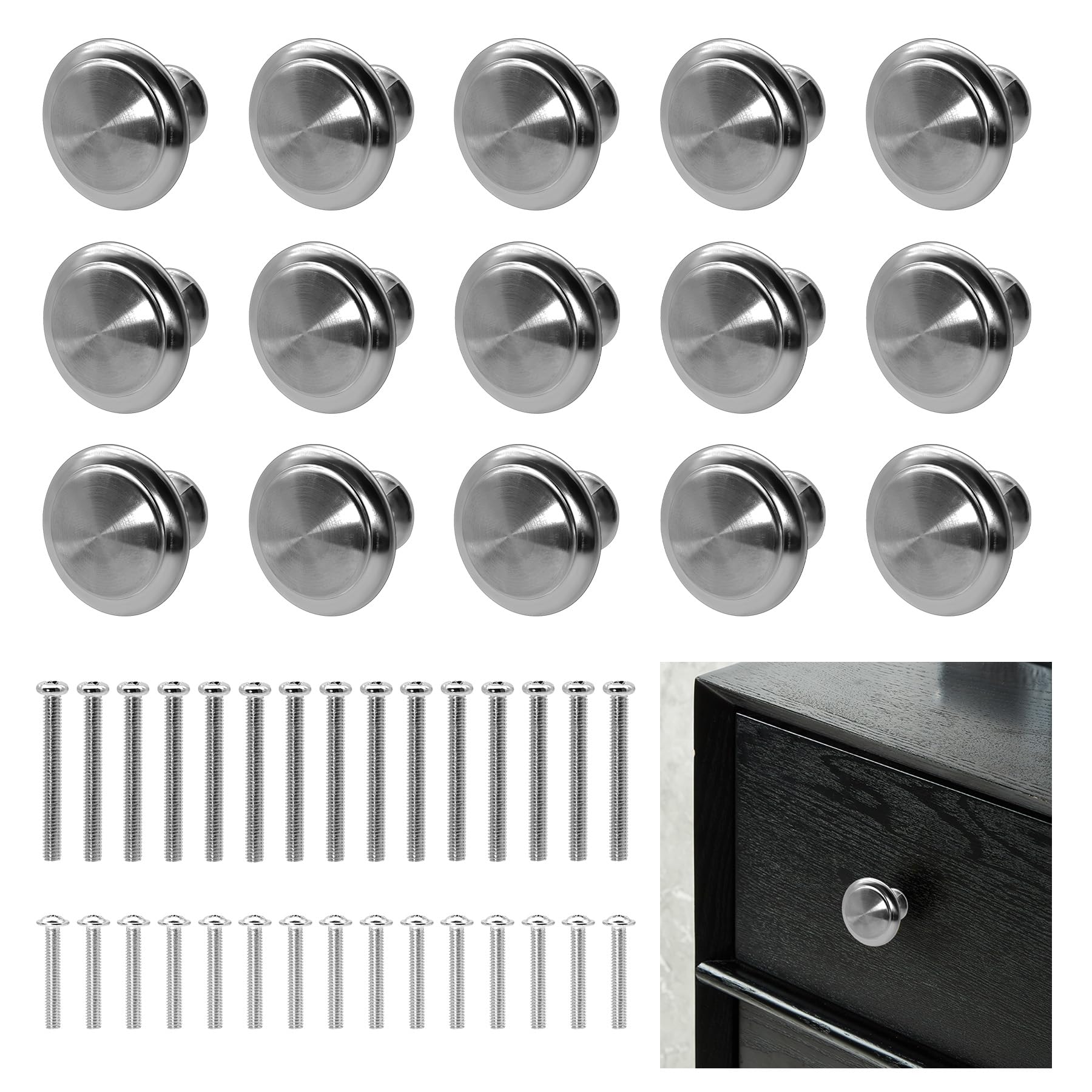 15PCS Cabinet Door Knobs, 27mm Silver Round Brushed Metal Knobs, Drawer Pull Handle with 30 Long Short Screws for Cabinets, Drawers, Wardrobes, and Kitchen Cupboards Furniture