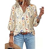 VALOLIA Women's 3/4 Sleeve Blouses Button Down Shirt Business V Neck Casual Clothing Blouses Dressy Casual Chiffon Tops