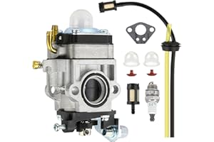 JWODO 2-Stroke Carburetor Kit, Replacement for 43cc 47cc 49cc 50cc 52cc Engines, Compatible with Tillers, Auger, Mini Pocket Bikes, ATVs, Quads; Includes Fuel Line, Primer Bulbs, Gasket & Spark Plug