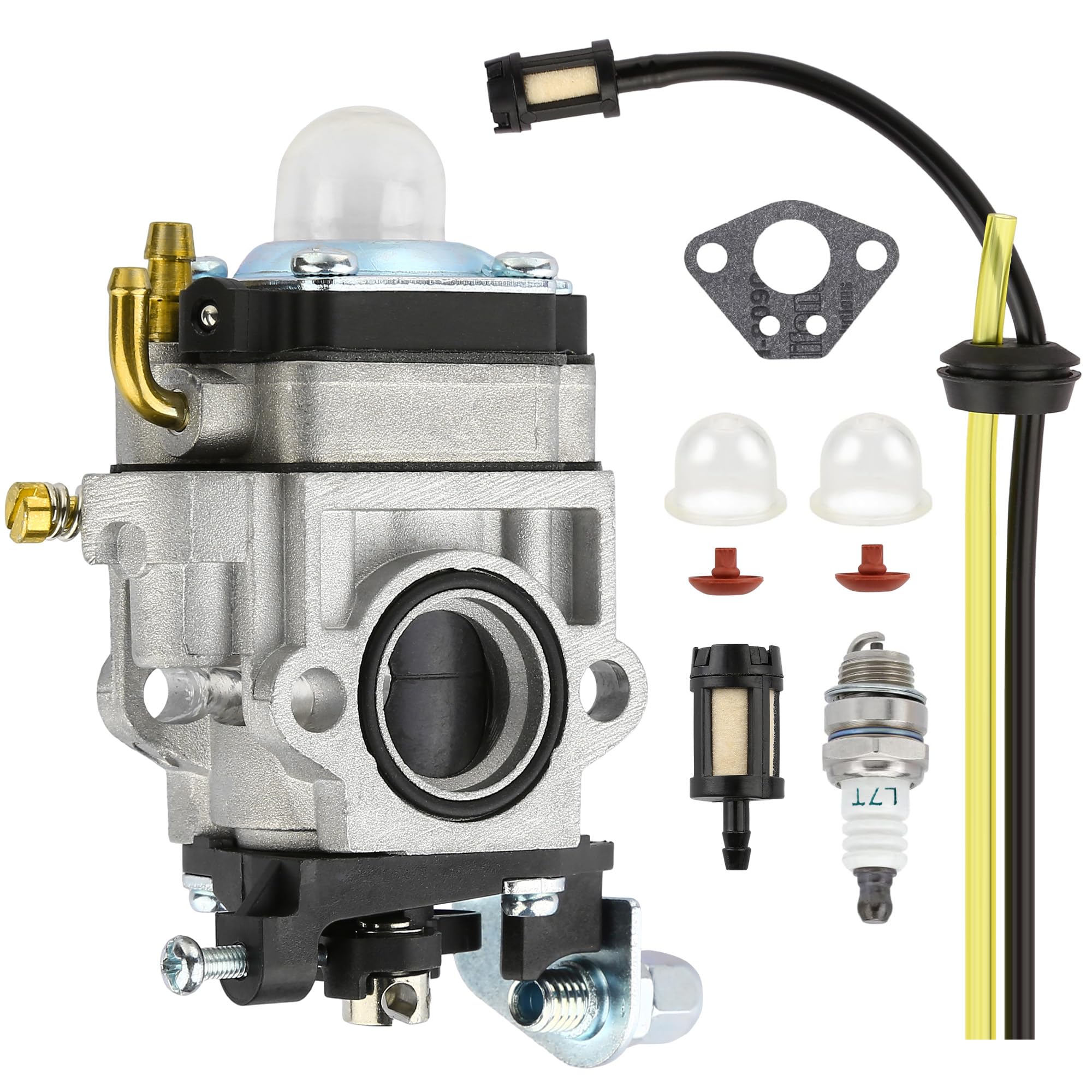 Photo 1 of 2-Stroke Carburetor Kit, Replacement for 43cc 47cc 49cc 50cc 52cc Engines, Compatible with Tillers, Auger, Mini Pocket Bikes, ATVs, Quads; Includes Fuel Line, Primer Bulbs, Gasket & Spark Plug