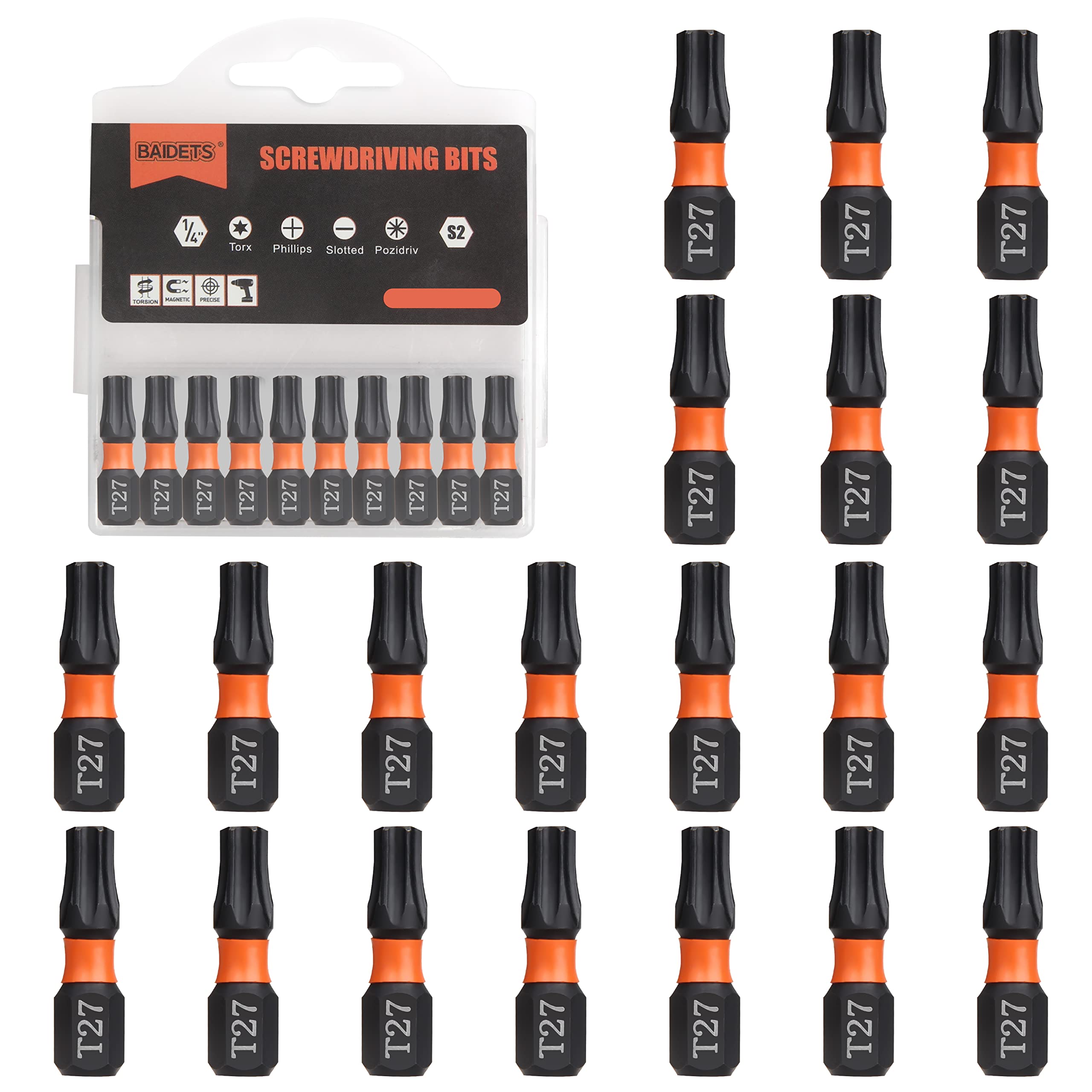 BAIDETS Pro T27 Bit Assortment - Screwdriver Bits Set of 20, 25 mm Length, Torx Screwdriver Bit, 1/4 Inch Hex Shank, with Dispenser Box — image 1