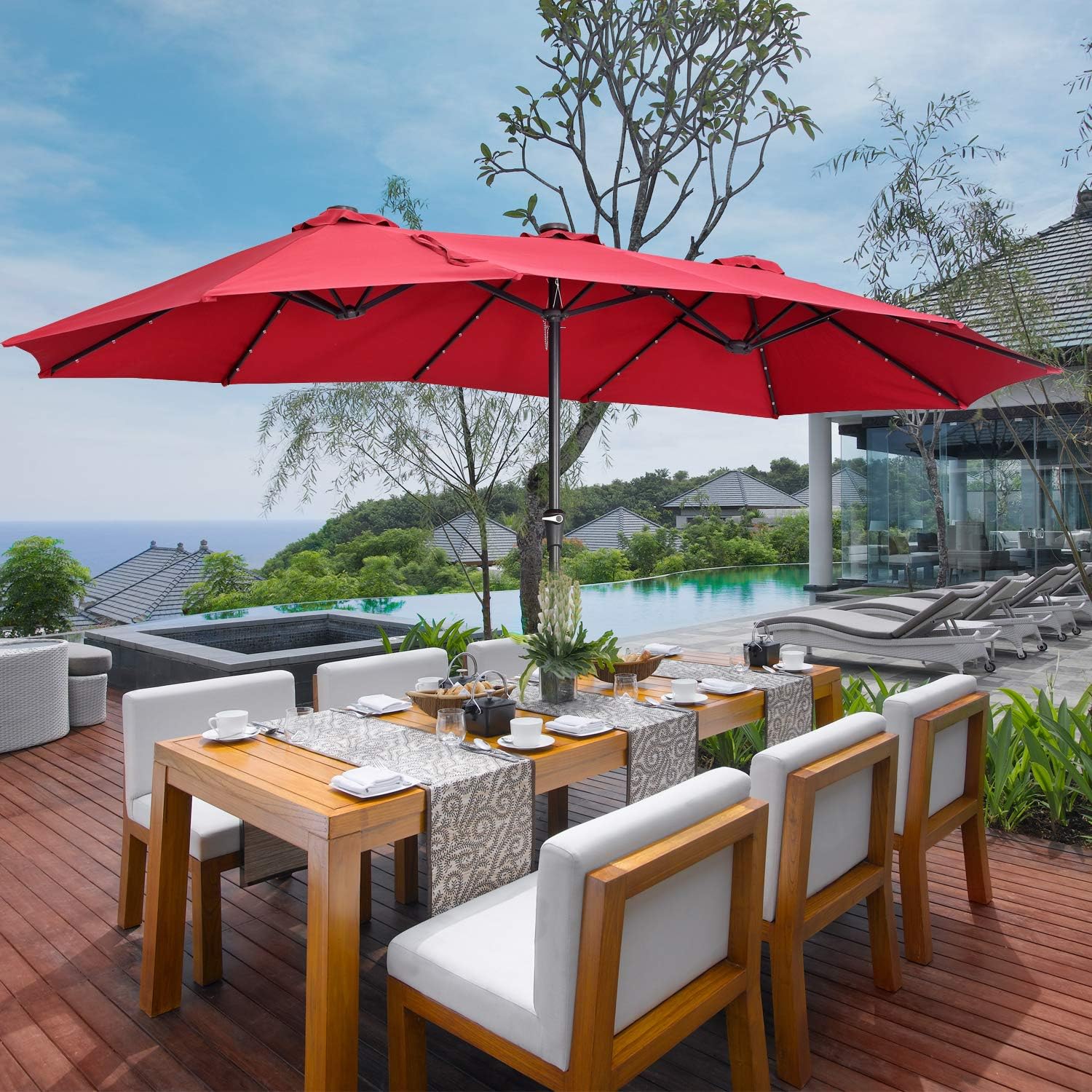 Amazon Com Wonlink 15 Ft Solar Led Patio Double Sided Umbrella Table Umbrella With Crank Handle 48 Led Lights Garden Outdoor