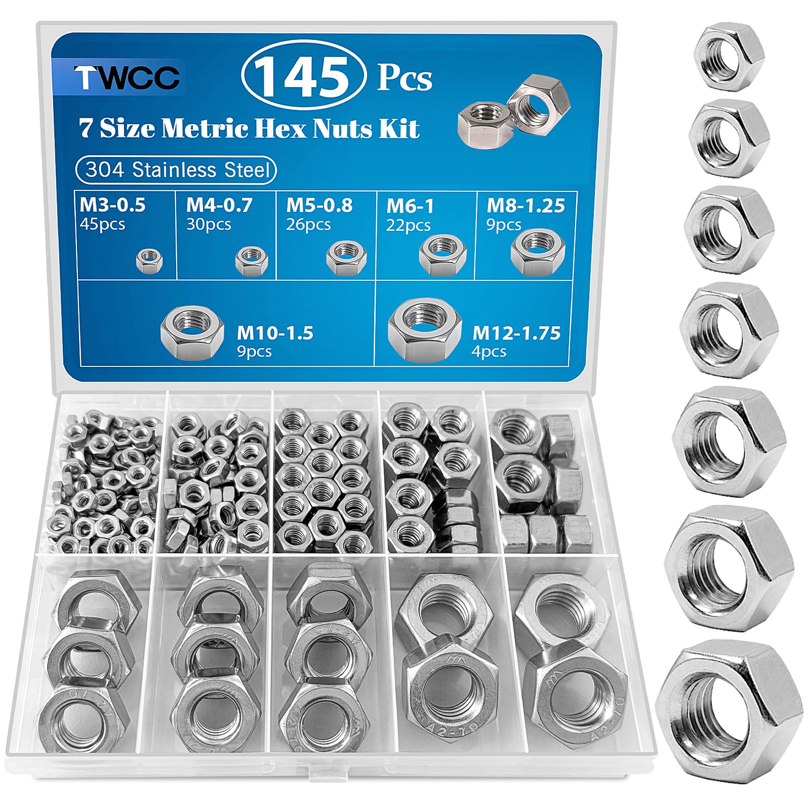 thumbnail image 2 of 175-Piece Stainless Steel Nylon Insert Lock Nut Kit – M3 To M12 Metric Hex Nuts 2 of 2