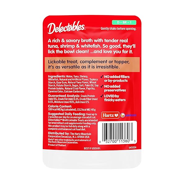 DELECTABLES LICKABLE TREAT SAVORY BROTH WET CAT TREAT WITH REAL TUNA & SHRIMP, FOOD TOPPER, HYDRATING, GRAIN-FREE, NO FILLERS, NO BY-PRODUCTS, NO ADDED PRESERVATIVES, 1.4OZ POUCH, 12CT